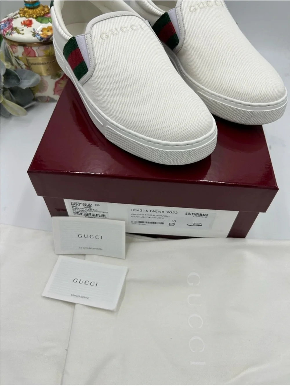 Men’s Gucci, ace canvas slip on sneakers w iconic web trim size 10 fits 10.5US